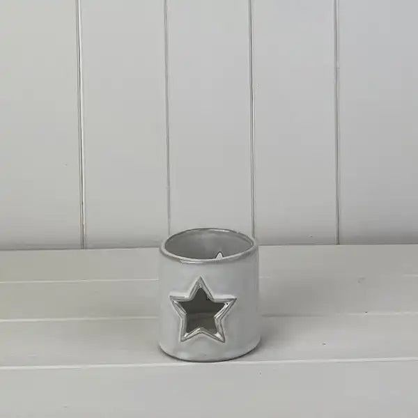 Glazed Ceramic Tealight Holder with Star Cut Out with Textured Detail L8.1xD7.8xH7.7cm  Weight-192g
