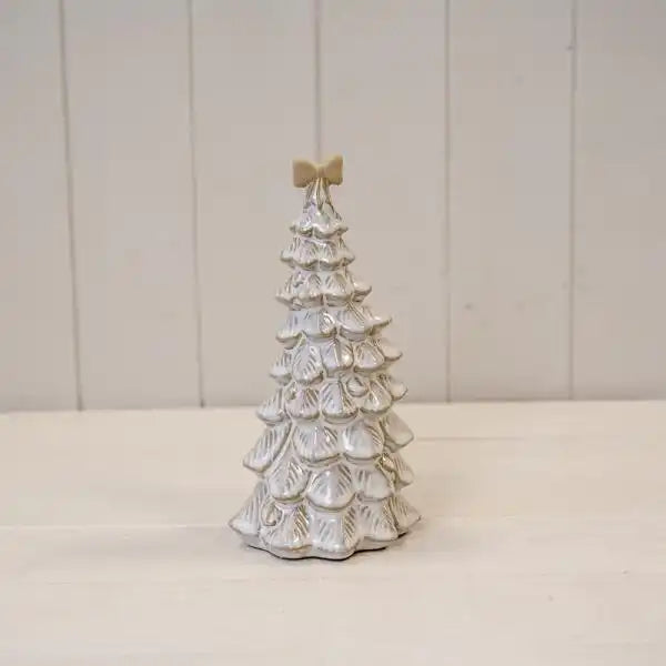 Medium Stone Glazed Ceramic Bendy Christmas Tree with Cream Bow on Top