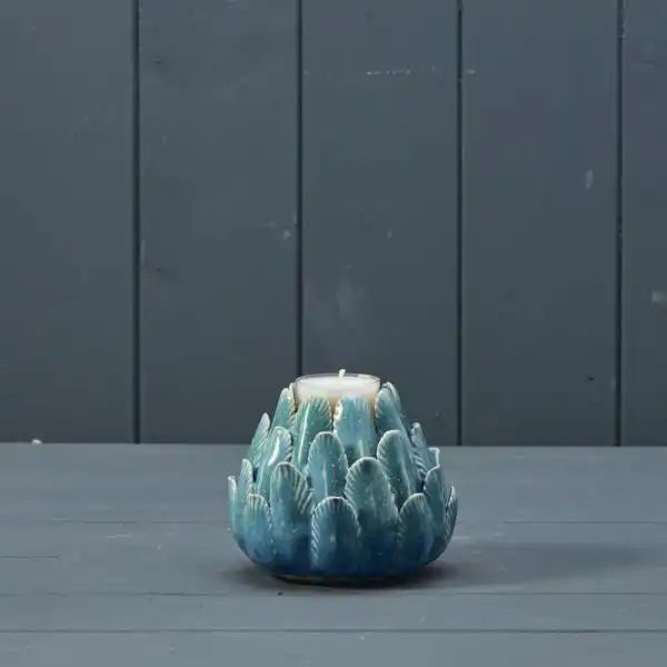 Blue Ceramic Flower Tealight D10.1cm H8.7cm