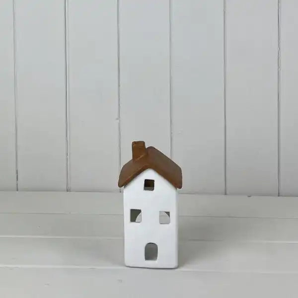 White/Wood Grain Effect Ceramic House Tealight Holder L7.5xD6.9xH14.5cm  Weight-274g