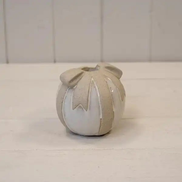 Stone Glazed Ceramic Bauble Shaped Candle Holder with Sand Textured Bow Detail
