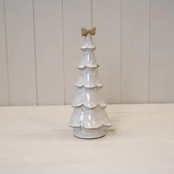 Large Stone Glazed Ceramic Christmas Tree with Cream Bow on Top