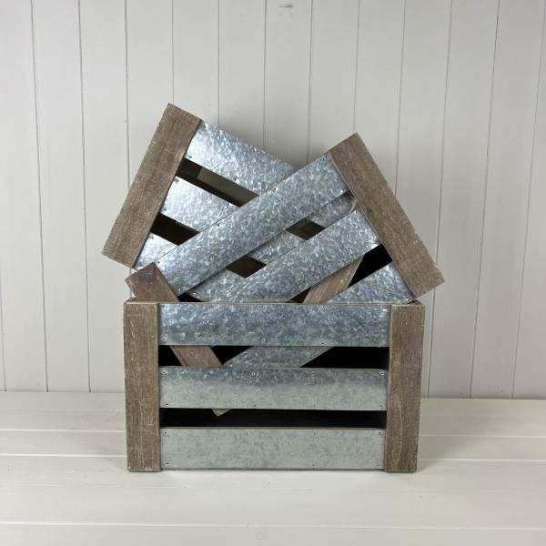 Set of Three Wood and Zinc Crates. Small: H 24.5 X L33.5 X W22. Medium: H 25.5 X L38 X W26. Large:
