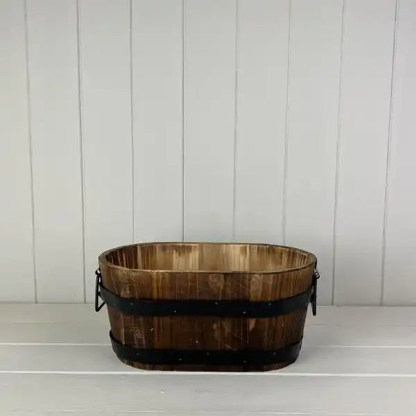 Wooden Oval Planter with 2 Metal Bands and Handles L30cm D18cm H14cm