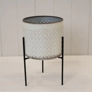 Small Cream Metal Decorative Pot on Black Metal Stand D15cm H14/25cm  Weight-339g