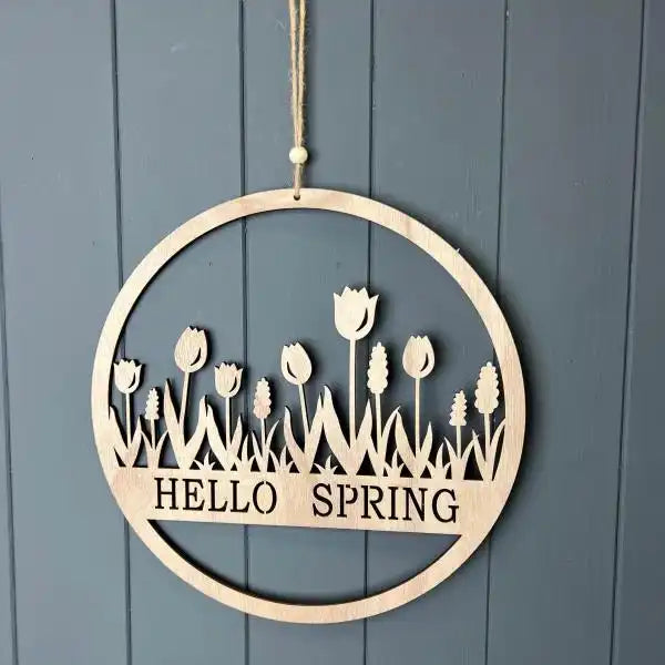 Round Wooden"Hello Spring" Wreath D30cm W0.5cm  Weight-85g