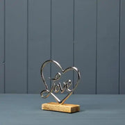 Silver Heart with Love on Wooden Base 16x5x16cm
