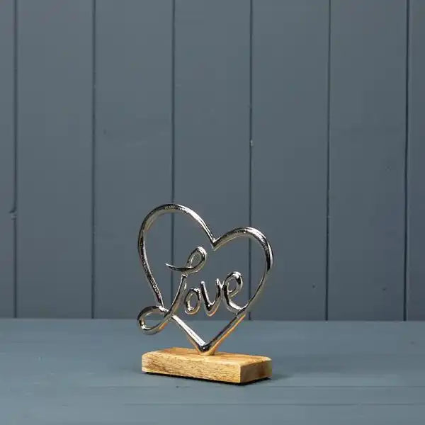 Silver Heart with Love on Wooden Base 16x5x16cm