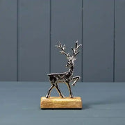Silver Deer on Wooden Base 9x5x15cm