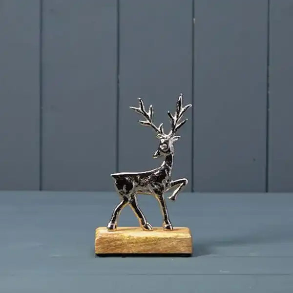 Silver Deer on Wooden Base 9x5x15cm