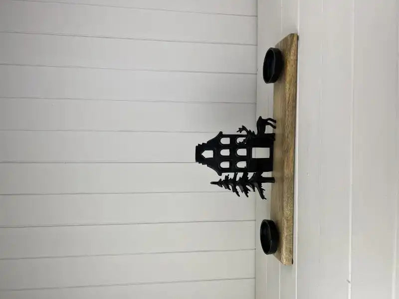 Matt Black Wood/Metal Festive Scene Decoration with Candle Holders L49xD8xH21cm Weight -1839g