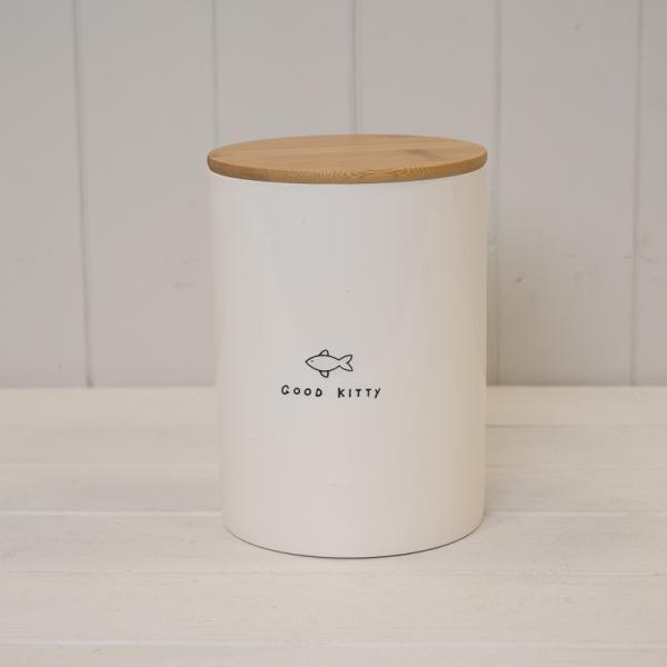 Good Kitty' Ceramic Treat Jar with Bamboo lid.