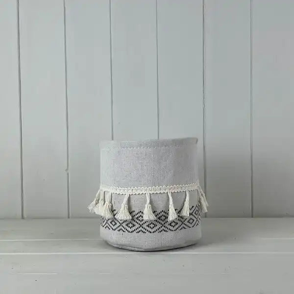 Medium Cylinder White and Black Cotton Planter with Tassels (14cm)
