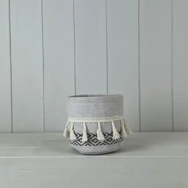 White and Black Cotton Planter with Tassels D11cm H10.5cm