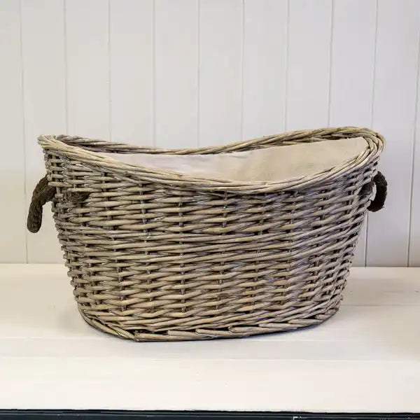 Willow Oval Scooped Topped Log Basket with Hessian Liner and Rope Handles TD58x44cm H30cm