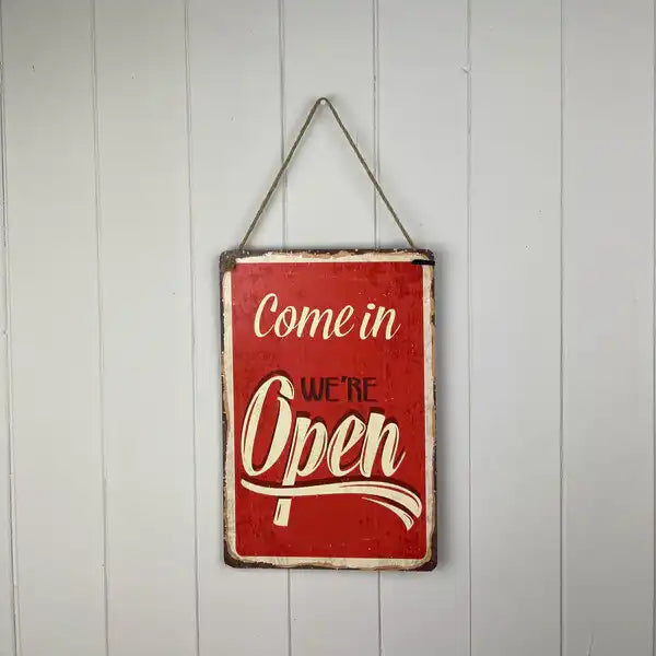 Metal open close sign red with rope hanger 30x20cm