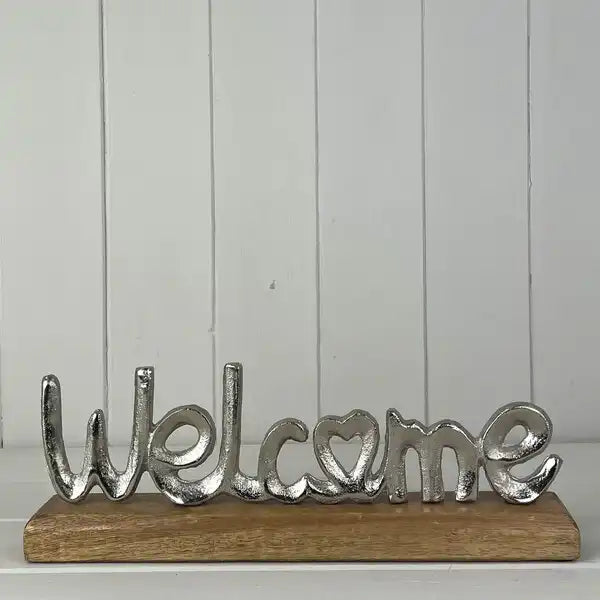 Metal Welcome on Wooden Base