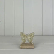 Light Green Metal Butterfly on Wooden Base 10x12x5cm