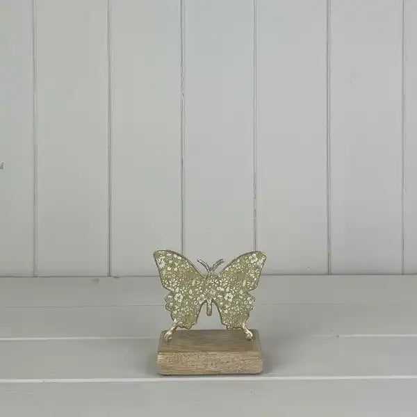 Light Green Metal Butterfly on Wooden Base 10x12x5cm