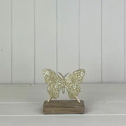 Light Green Metal Butterfly on Wooden Base 12x14x5cm