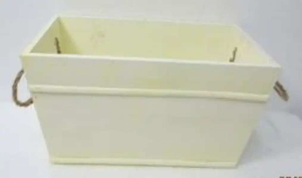 Rectangular Yellow with Witewash Trough with Wooden Beading & Rope handles TD 28x16cm H14cm Base 23