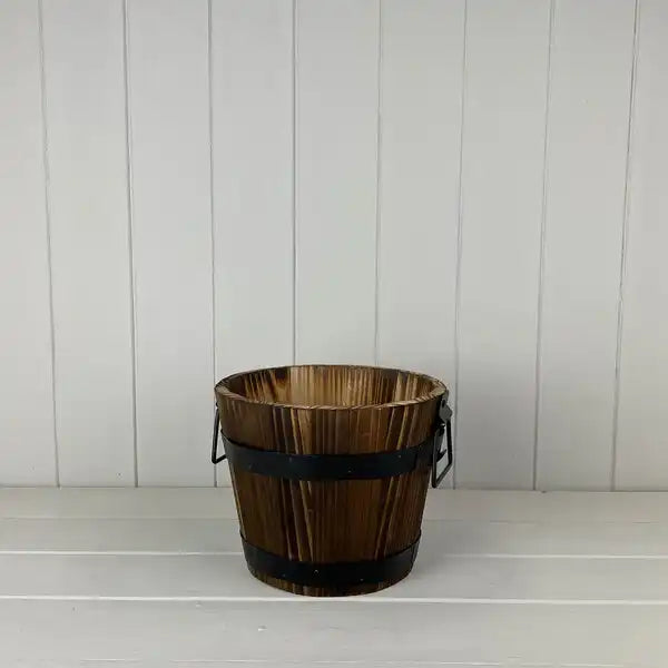 Wooden Barrel with 2 Metal Bands and handles Dia. 20cm H16cm