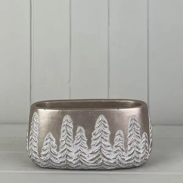 Champagne Gold Oval Pot with Embossed Trees 19x8.8x9cm