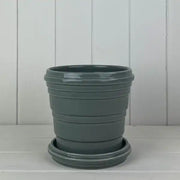 Grey Ribbed Ceramic Pot and Saucer D16cm H14.5cm  Weight-870g
