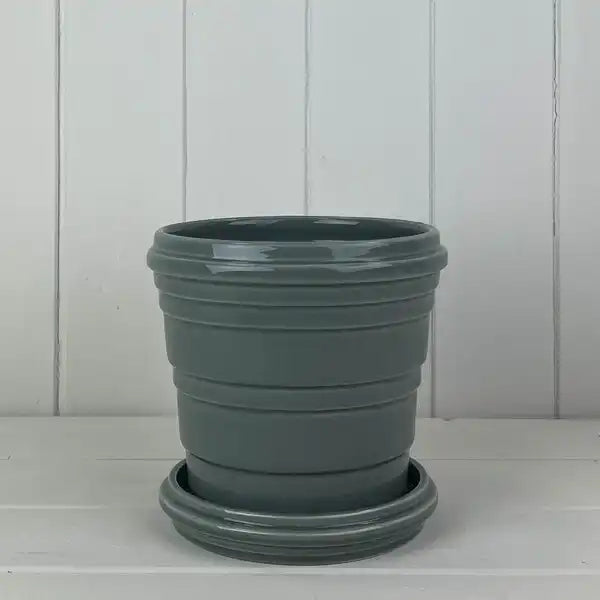 Grey Ribbed Ceramic Pot and Saucer D16cm H14.5cm  Weight-870g