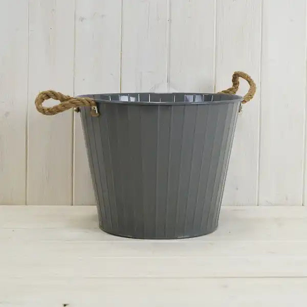 Grey Zinc Bucket with Hessian Ears TD18cm H16cm B13cm