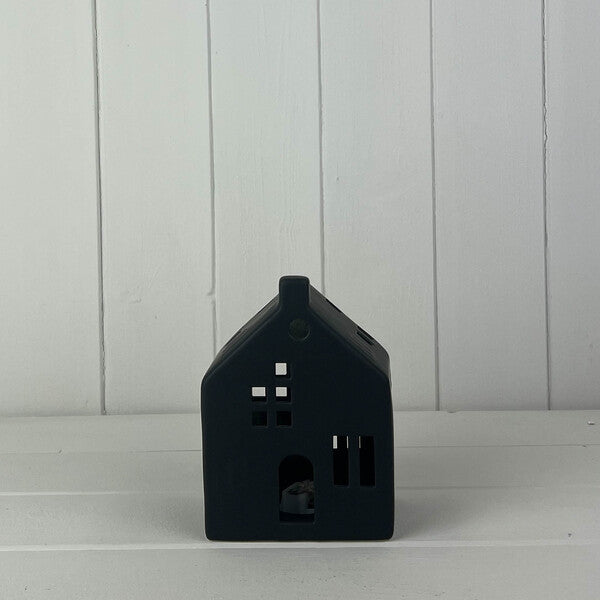Short Black Ceramic LED House with Cut Out Windows H15.4cm W11.1cm D7.4cm  Weight-302g