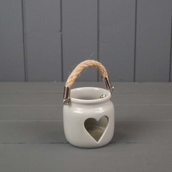 Grey Porcelain Heart Tealight Holder with Rope Handle D6.5cm H7.1cm