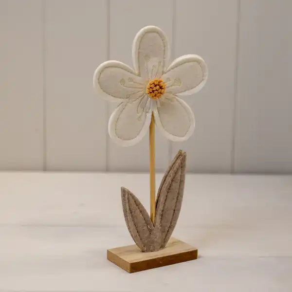 Medium Cream Felt Flower on Wooden Base Decoration
