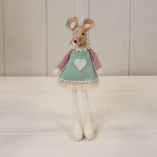 Green Fabric Sitting / Hanging Mouse with Pink Sleeves