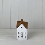 White/Wood Grain Effect Ceramic House Tealight Holder L9.4xD7.4xH16.5cm  Weight-363g