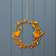 Round Autumnal Perching Bird Wreath in Orange