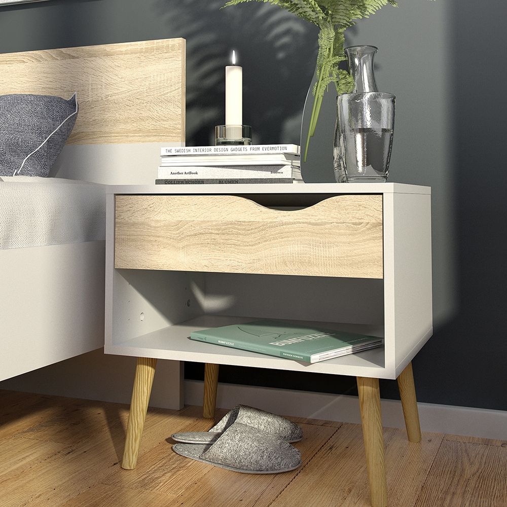 Pair of 2 x Oslo Bedside Cabinet With 1 Drawer In White And Oak - Price Crash Furniture