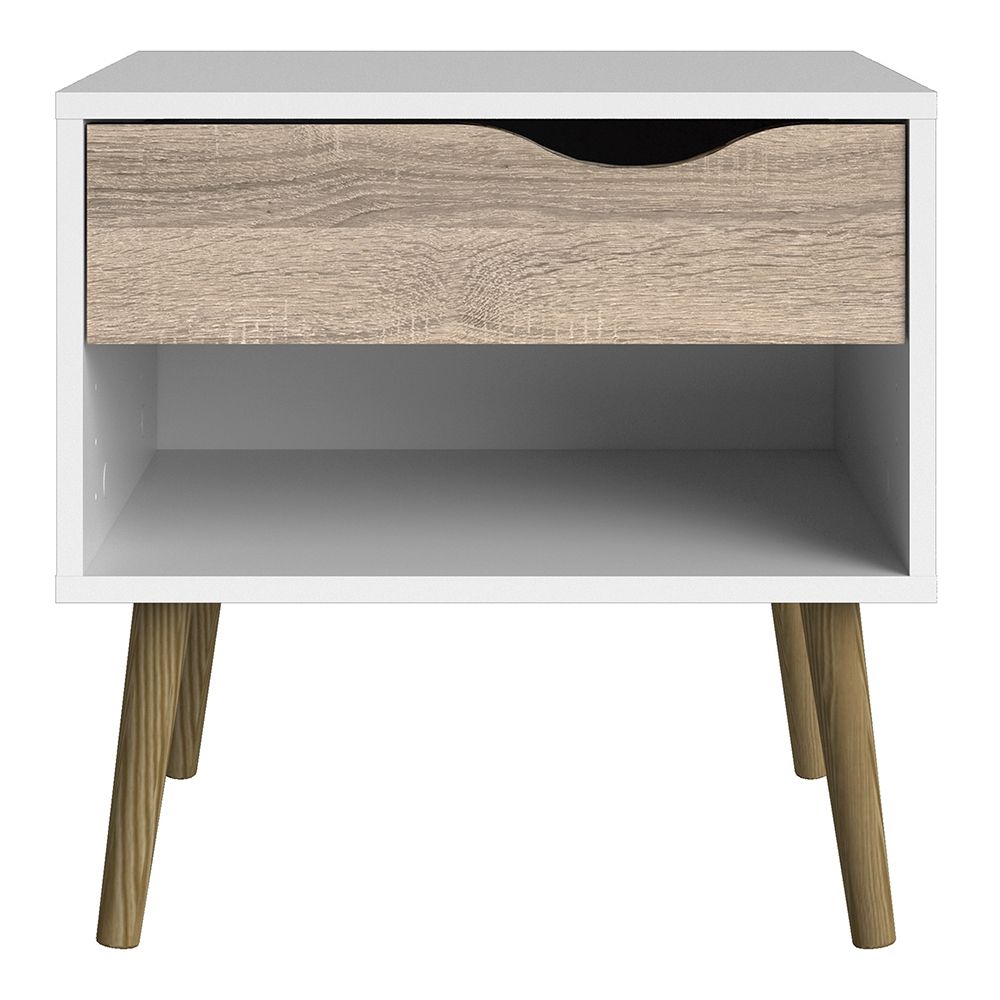 Pair of 2 x Oslo Bedside Cabinet With 1 Drawer In White And Oak - Price Crash Furniture