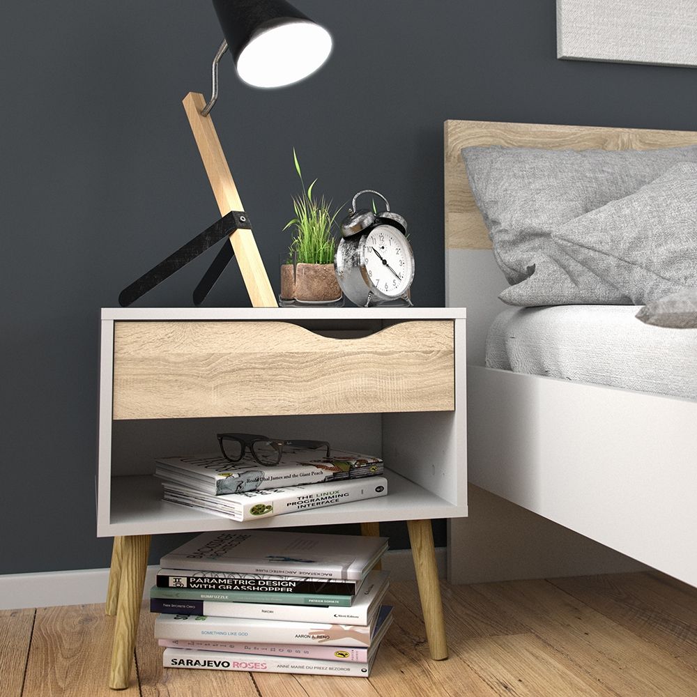 Pair of 2 x Oslo Bedside Cabinet With 1 Drawer In White And Oak - Price Crash Furniture