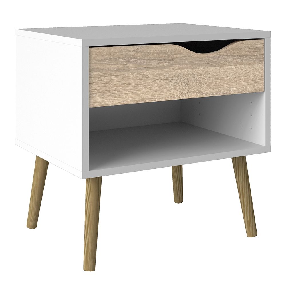 Pair of 2 x Oslo Bedside Cabinet With 1 Drawer In White And Oak - Price Crash Furniture