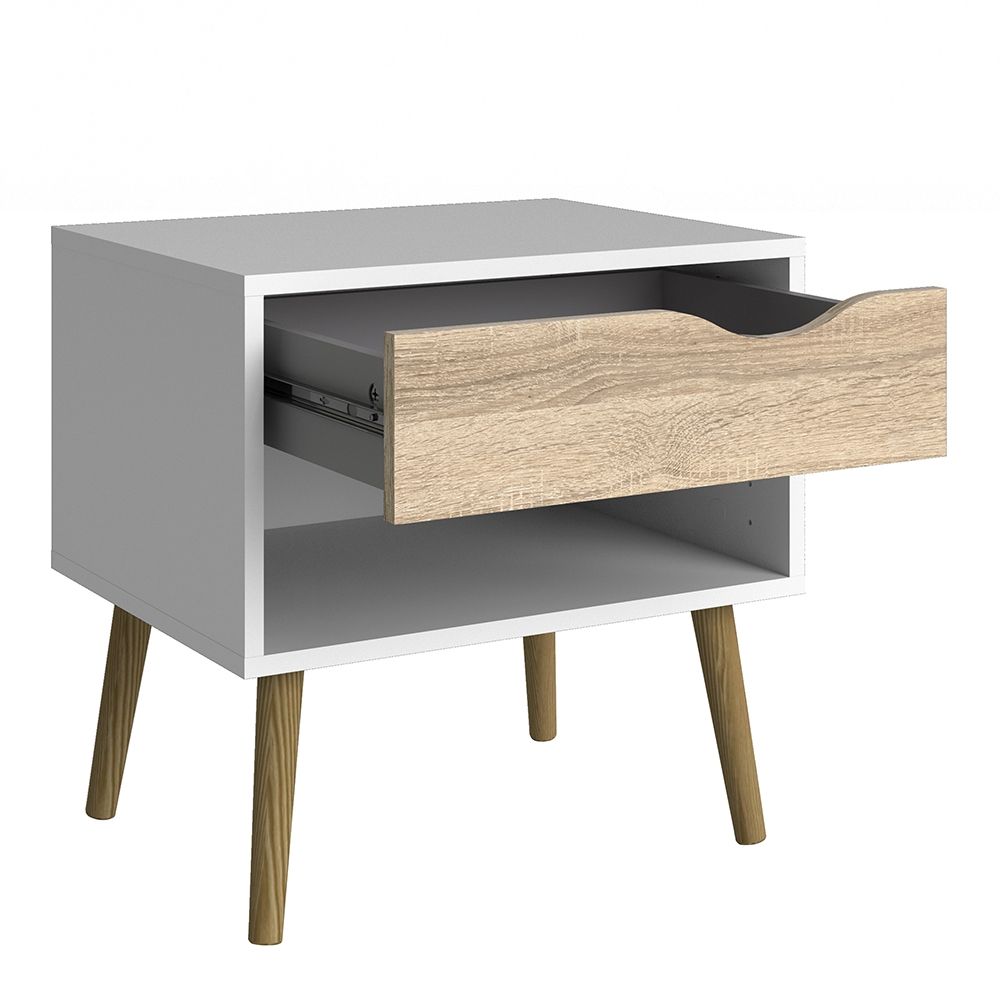 Pair of 2 x Oslo Bedside Cabinet With 1 Drawer In White And Oak - Price Crash Furniture