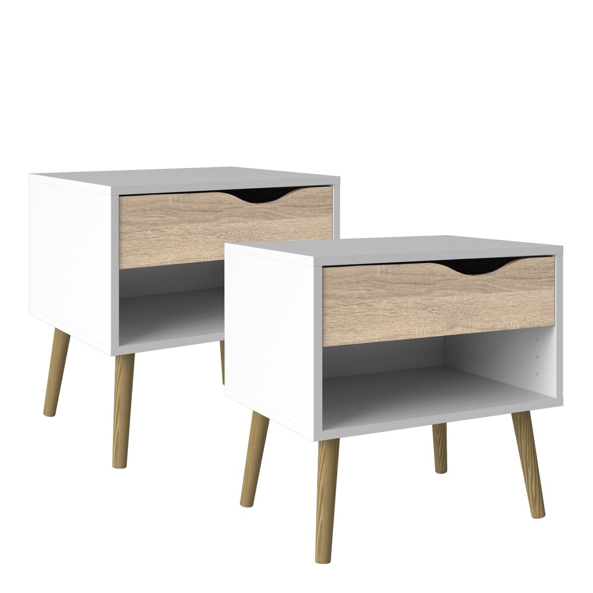 Pair of 2 x Oslo Bedside Cabinet With 1 Drawer In White And Oak - Price Crash Furniture