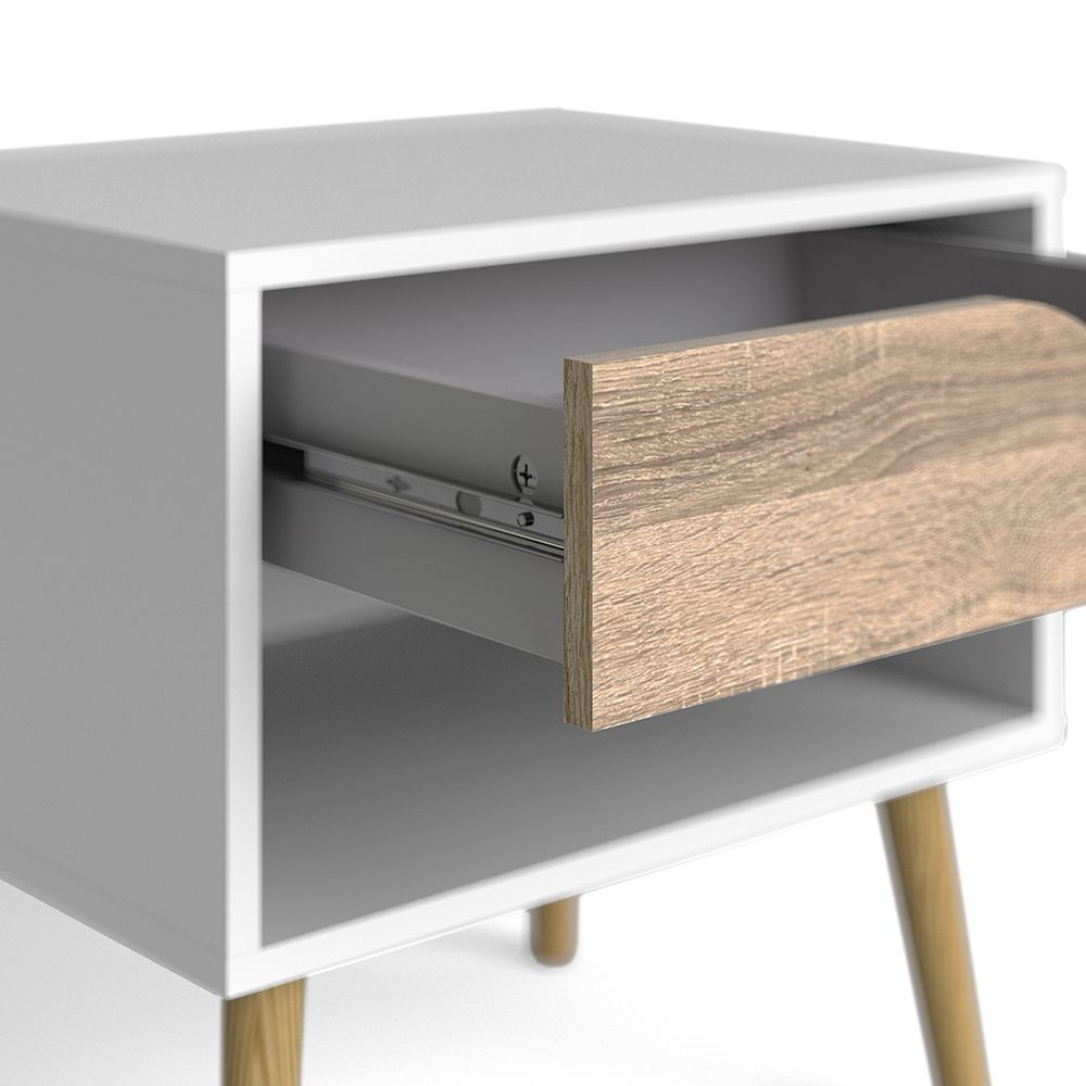 Pair of 2 x Oslo Bedside Cabinet With 1 Drawer In White And Oak - Price Crash Furniture