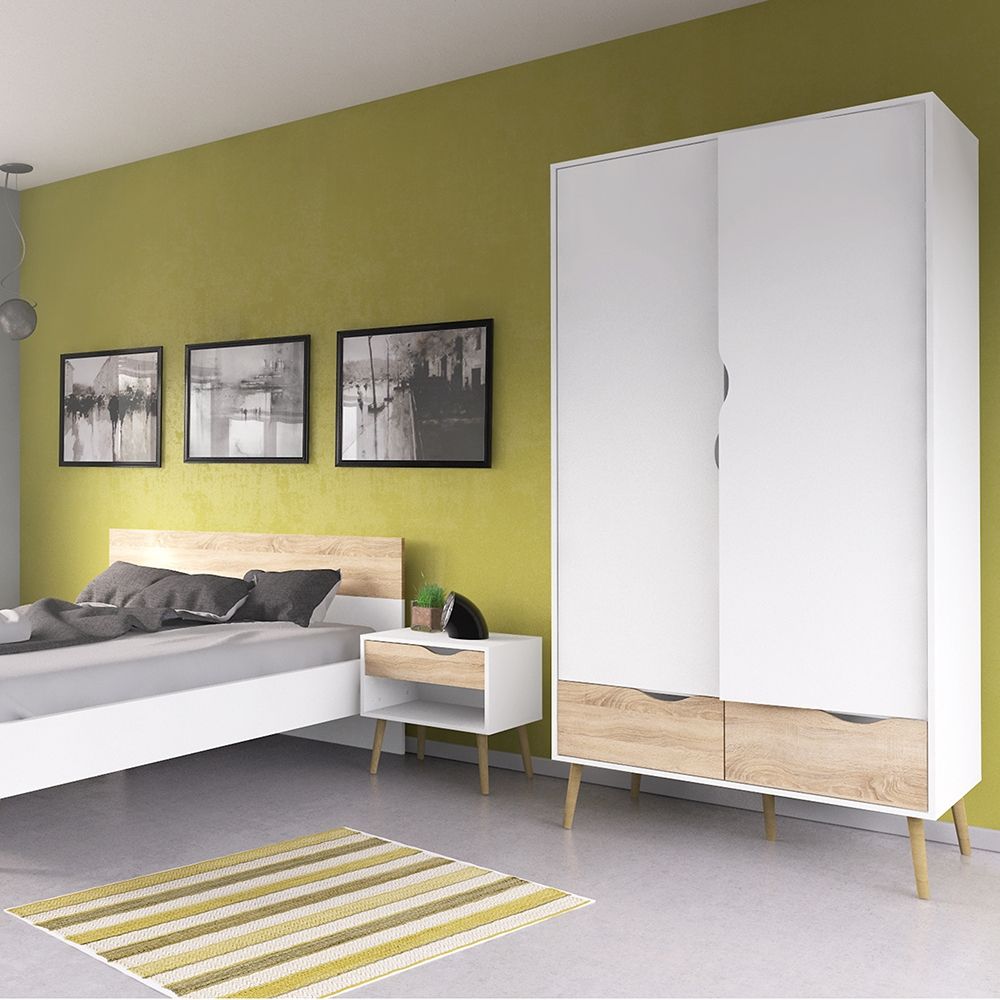 Pair of 2 x Oslo Bedside Cabinet With 1 Drawer In White And Oak - Price Crash Furniture