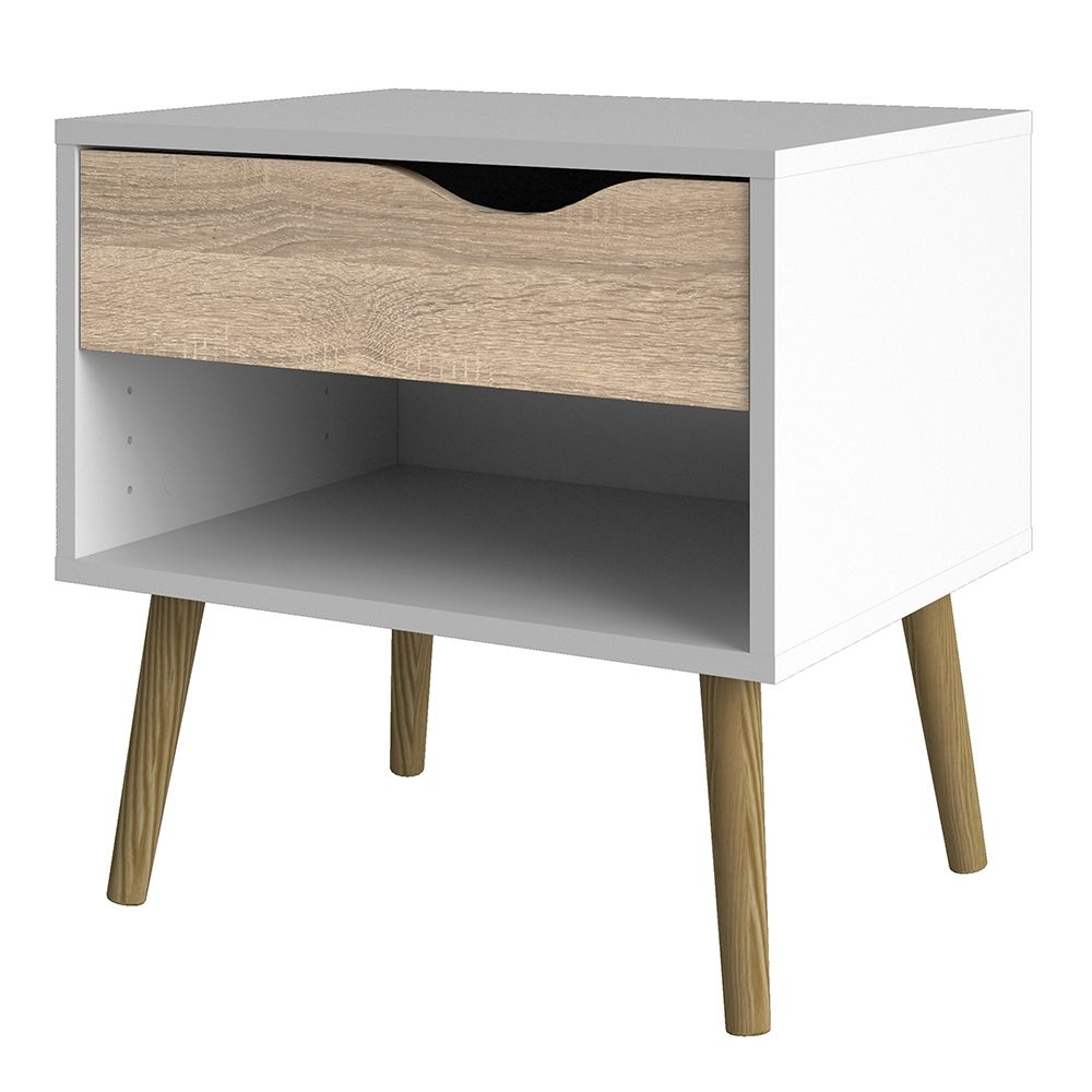 Pair of 2 x Oslo Bedside Cabinet With 1 Drawer In White And Oak - Price Crash Furniture