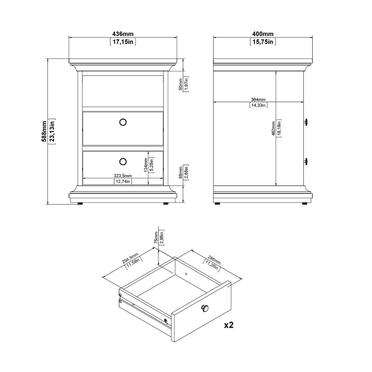 Paris 2 Drawer Bedside Cabinet In Cashmere - Price Crash Furniture