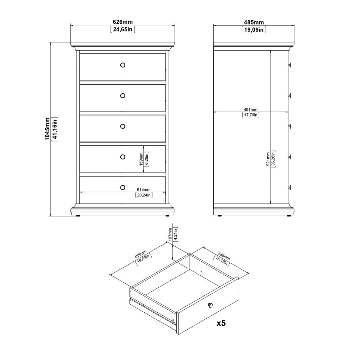 Paris 5 Drawer Chest of Drawers In Grey - Price Crash Furniture
