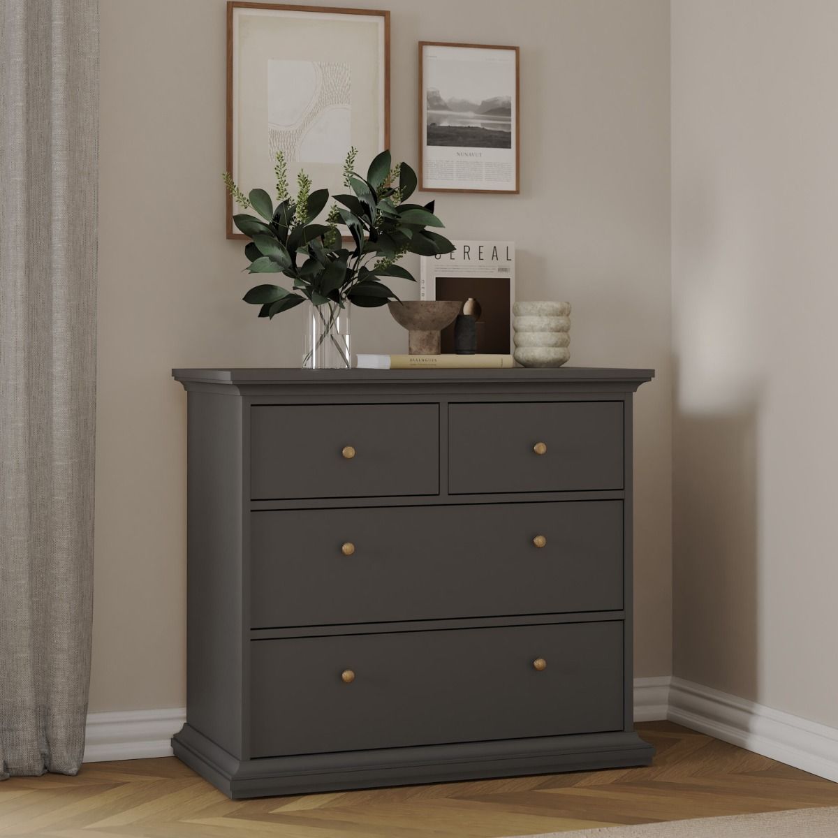 Paris Package - Bedside 2 Drawers + Chest Of 4 Drawers + Wardrobe With 2 Doors Matt Grey - Price Crash Furniture