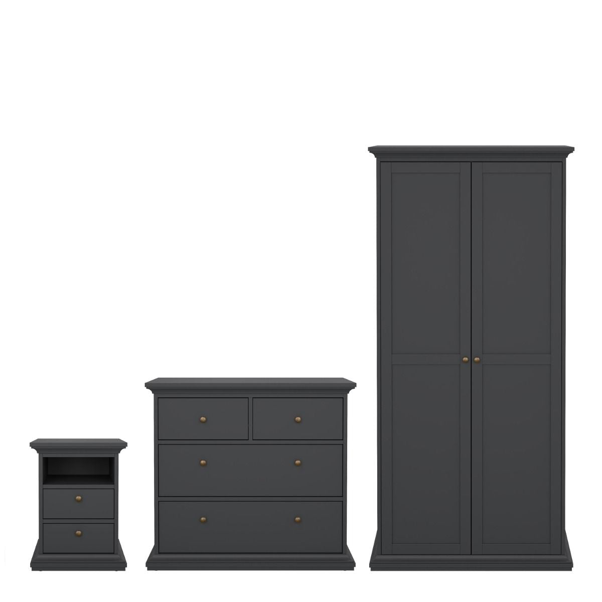 Paris Package - Bedside 2 Drawers + Chest Of 4 Drawers + Wardrobe With 2 Doors Matt Grey - Price Crash Furniture