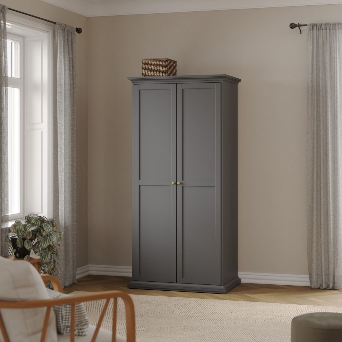 Paris Package - Bedside 2 Drawers + Chest Of 4 Drawers + Wardrobe With 2 Doors Matt Grey - Price Crash Furniture